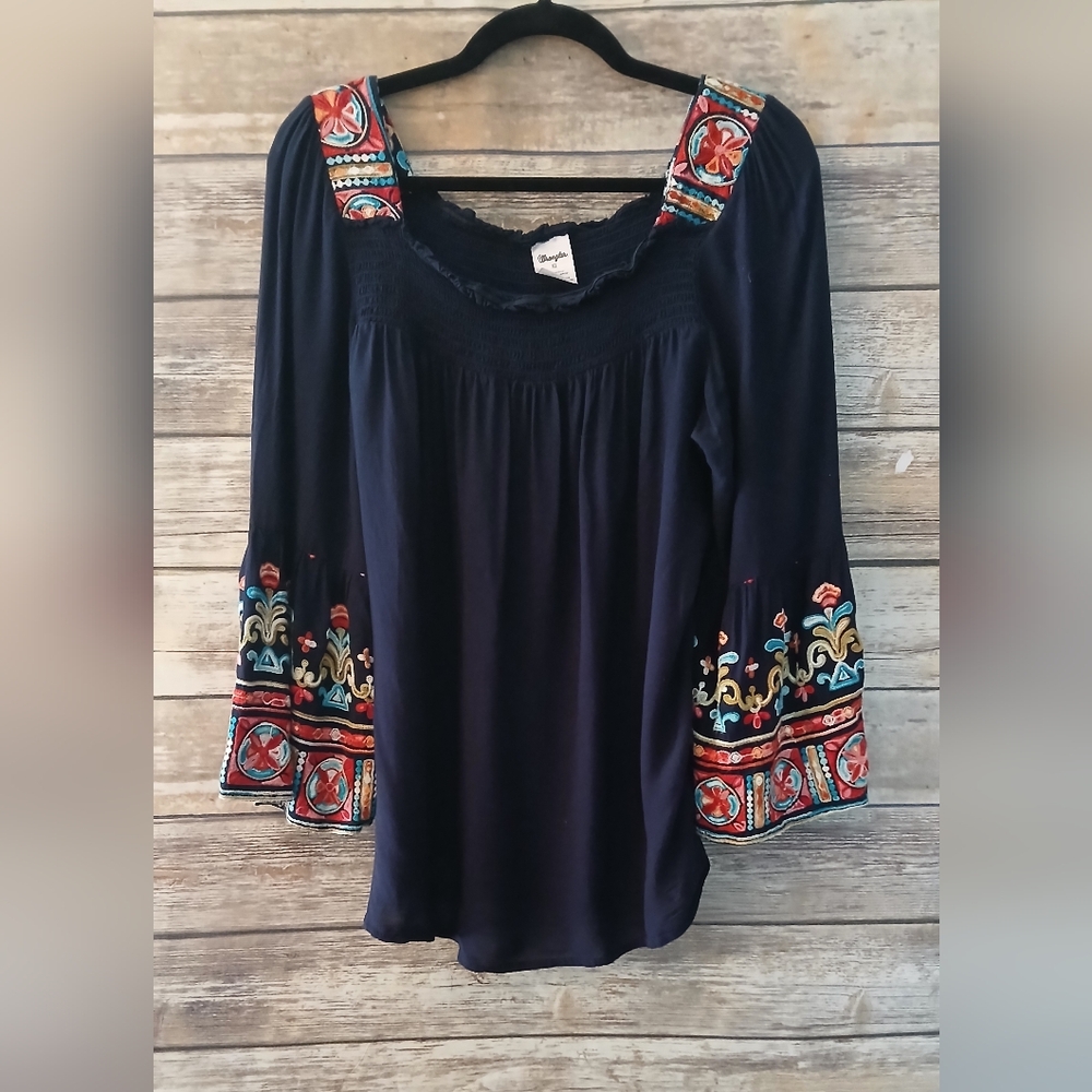 Embroidered Navy Peasant Top with Multicolor Accents, Wrangler, Size XL